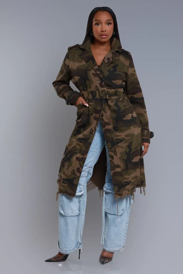 Base Camp Longline Distressed Camouflage Jacket - Green Camo