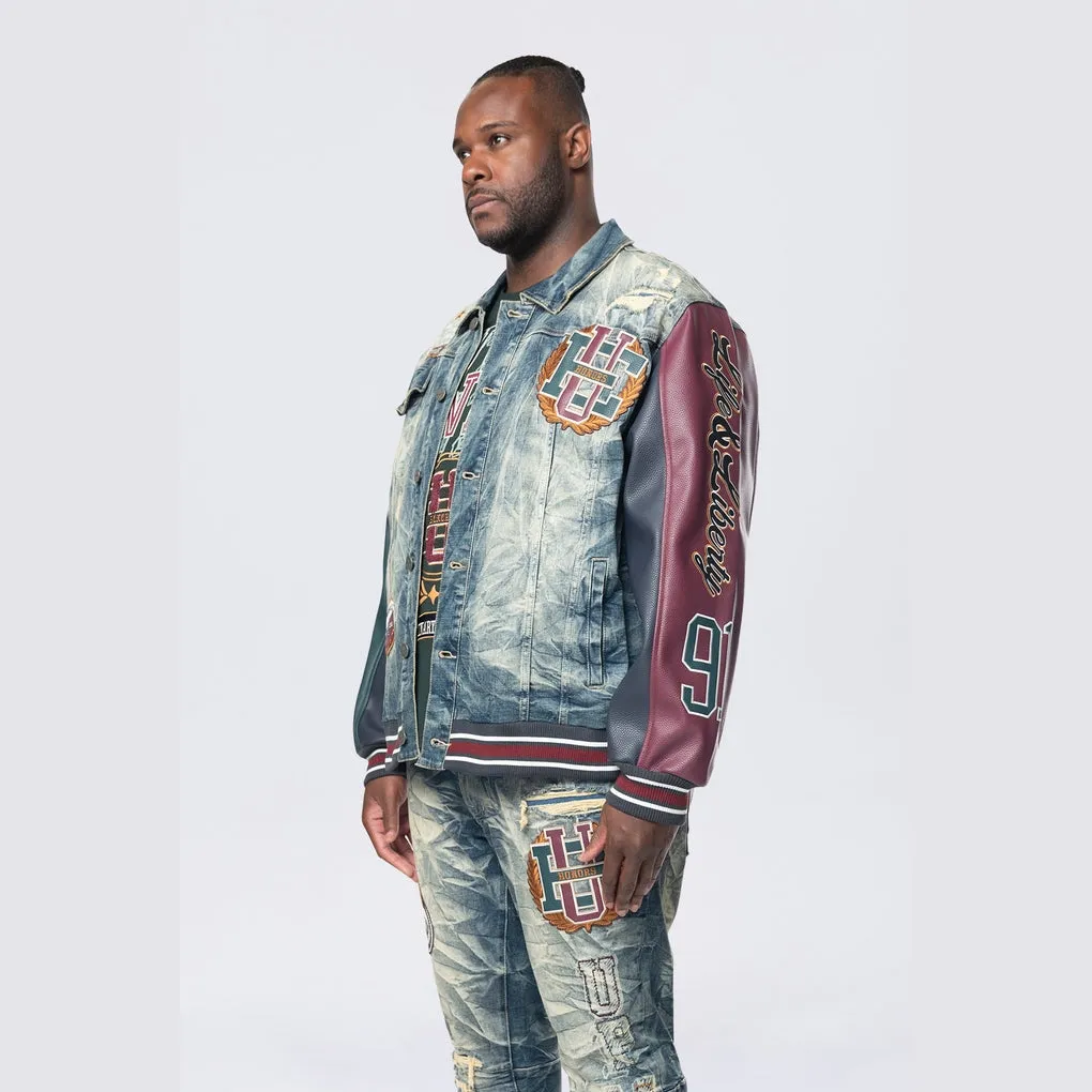 Big and Tall - Vegan Leather Sleeve Varsity Denim Jacket - Alley Blue