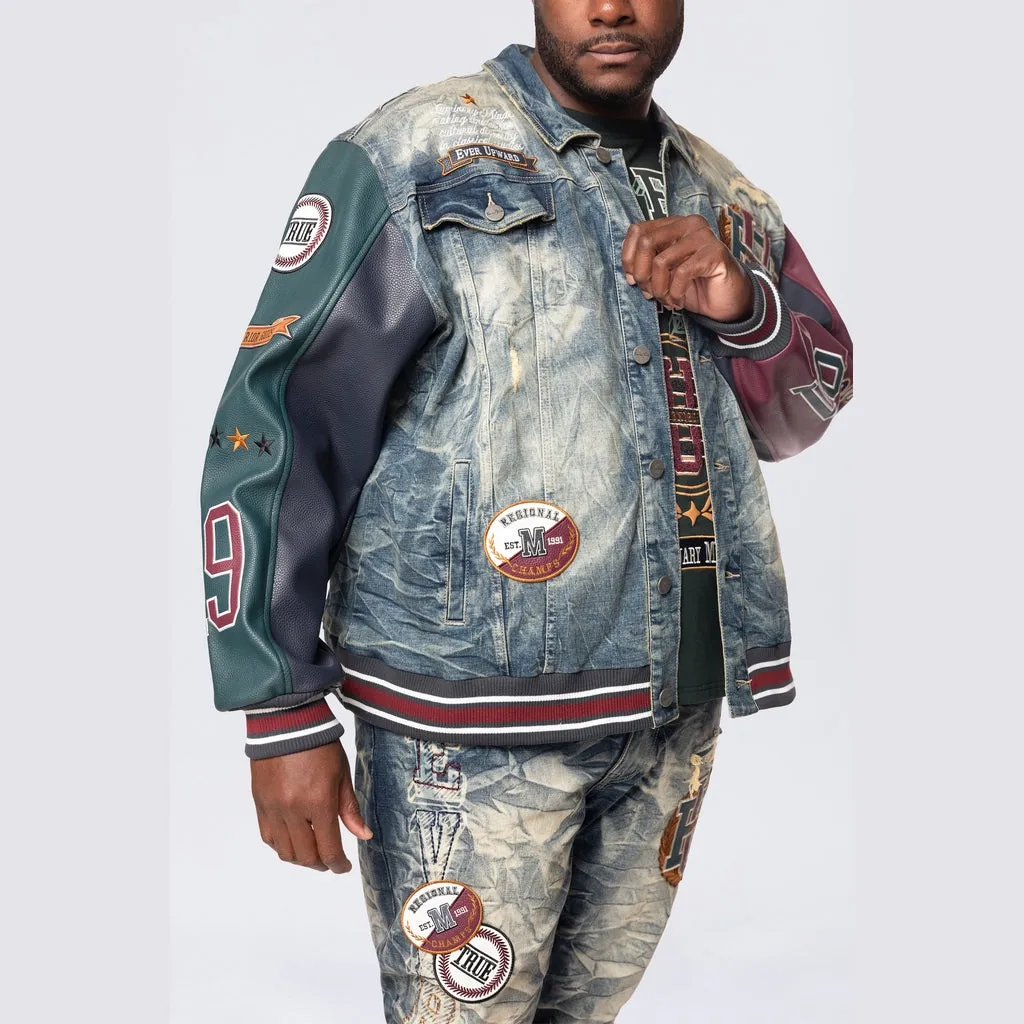 Big and Tall - Vegan Leather Sleeve Varsity Denim Jacket - Alley Blue