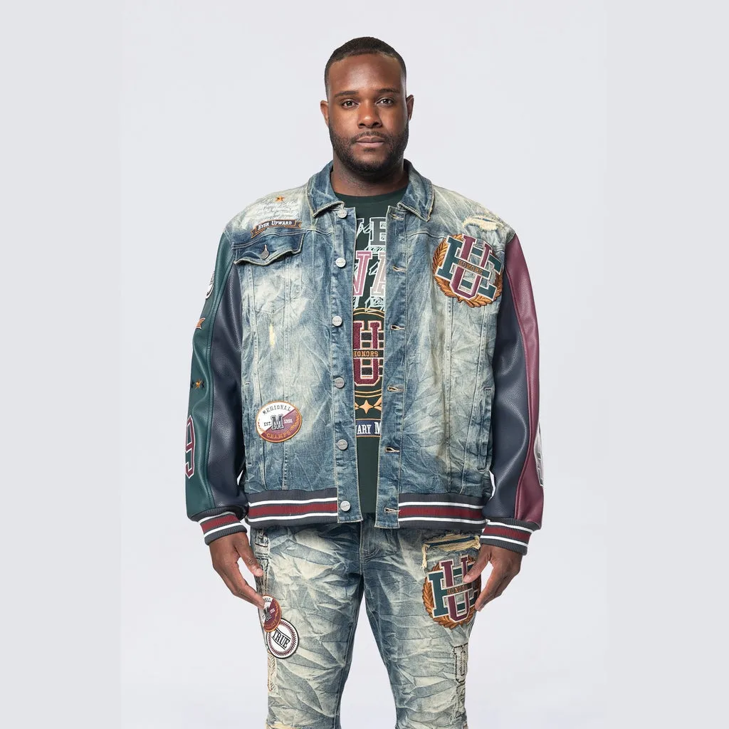 Big and Tall - Vegan Leather Sleeve Varsity Denim Jacket - Alley Blue