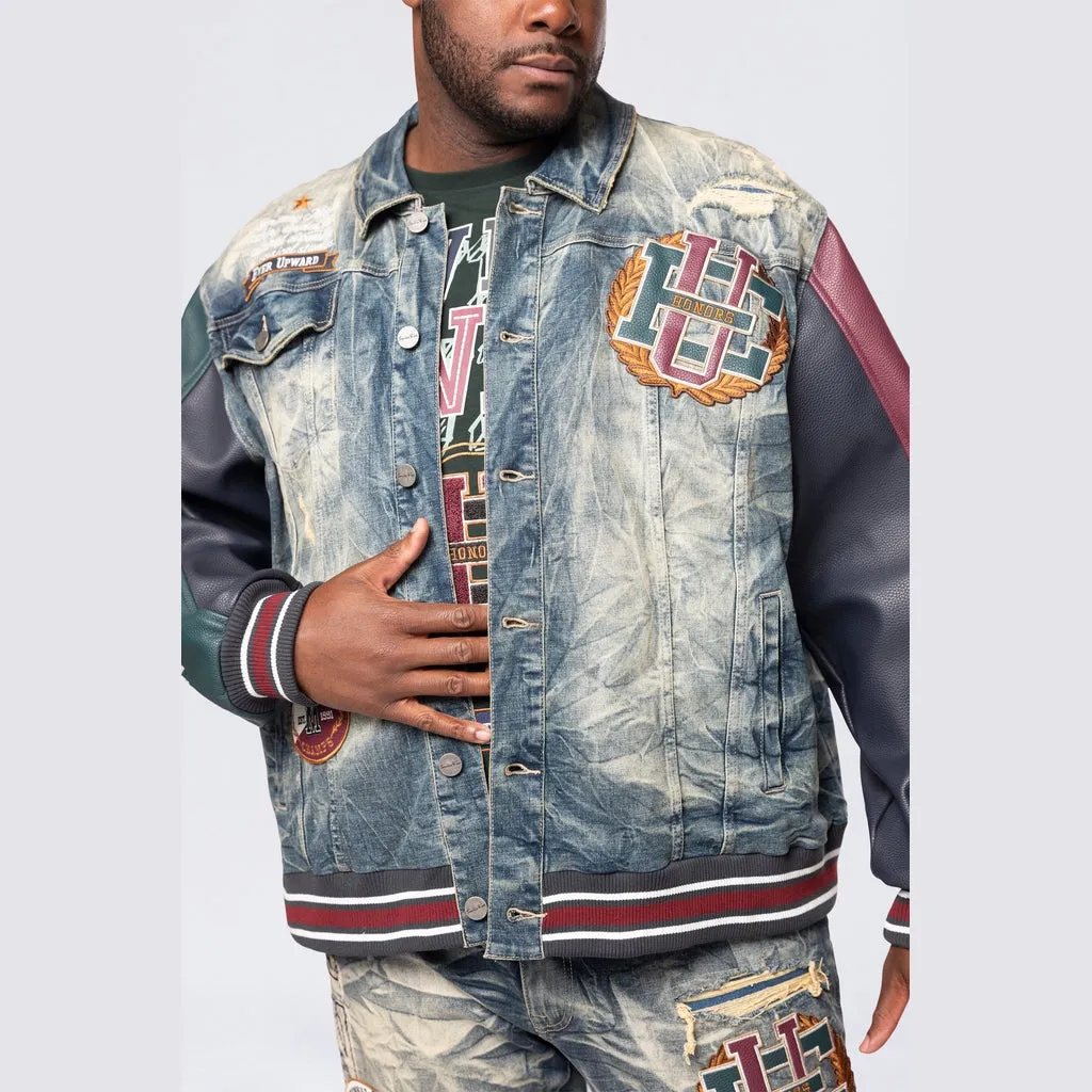 Big and Tall - Vegan Leather Sleeve Varsity Denim Jacket - Alley Blue