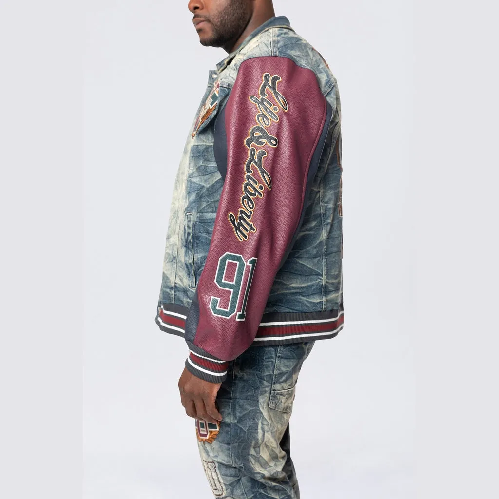 Big and Tall - Vegan Leather Sleeve Varsity Denim Jacket - Alley Blue