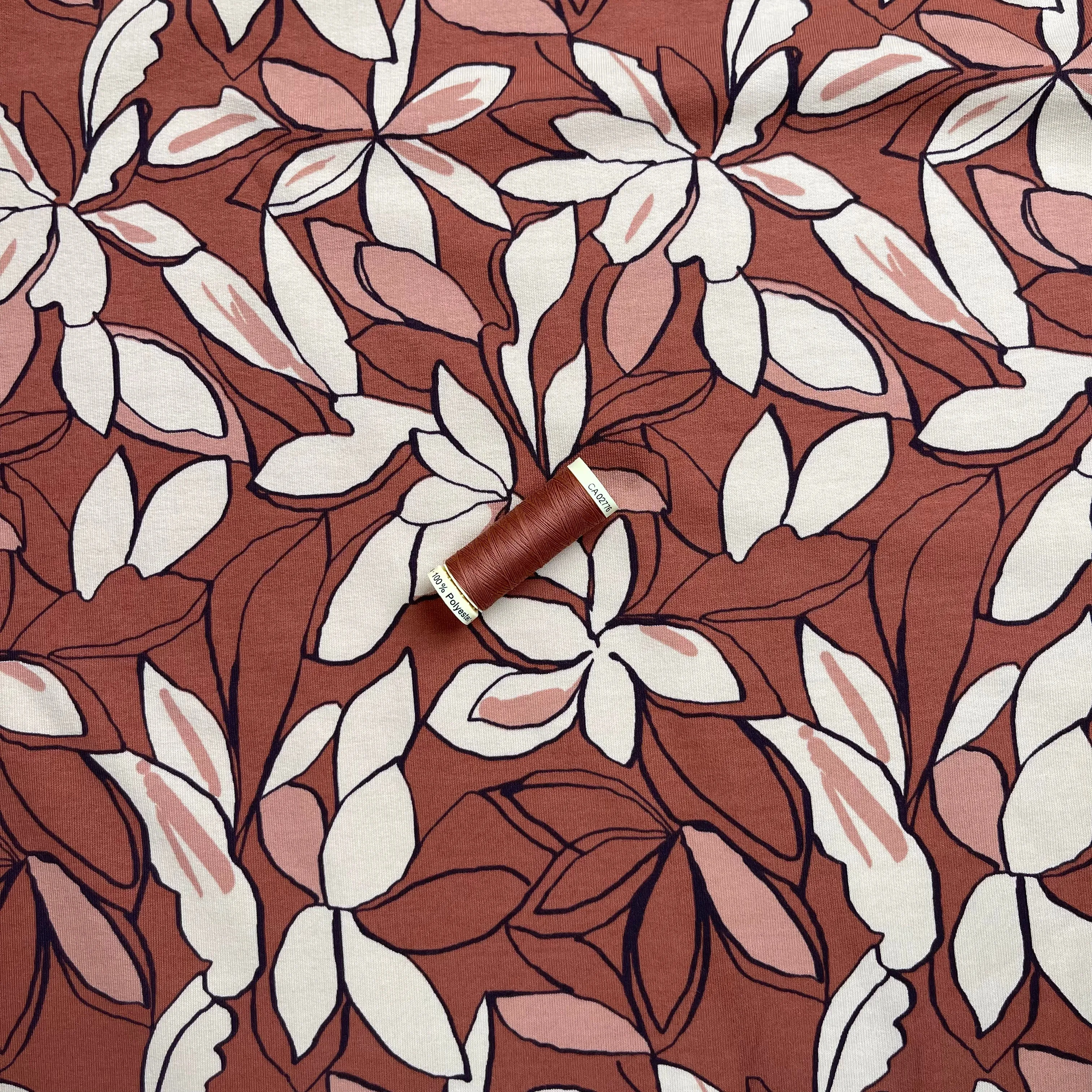 Bold Flowers Brique Cotton French Terry Fabric