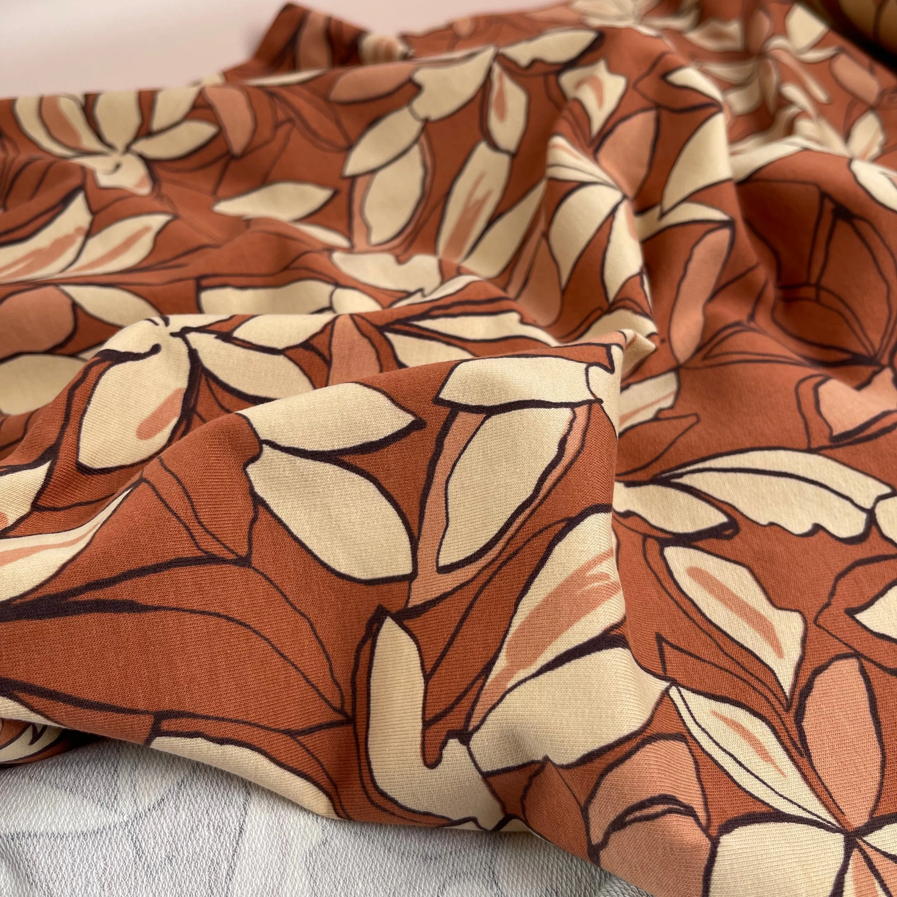 Bold Flowers Brique Cotton French Terry Fabric