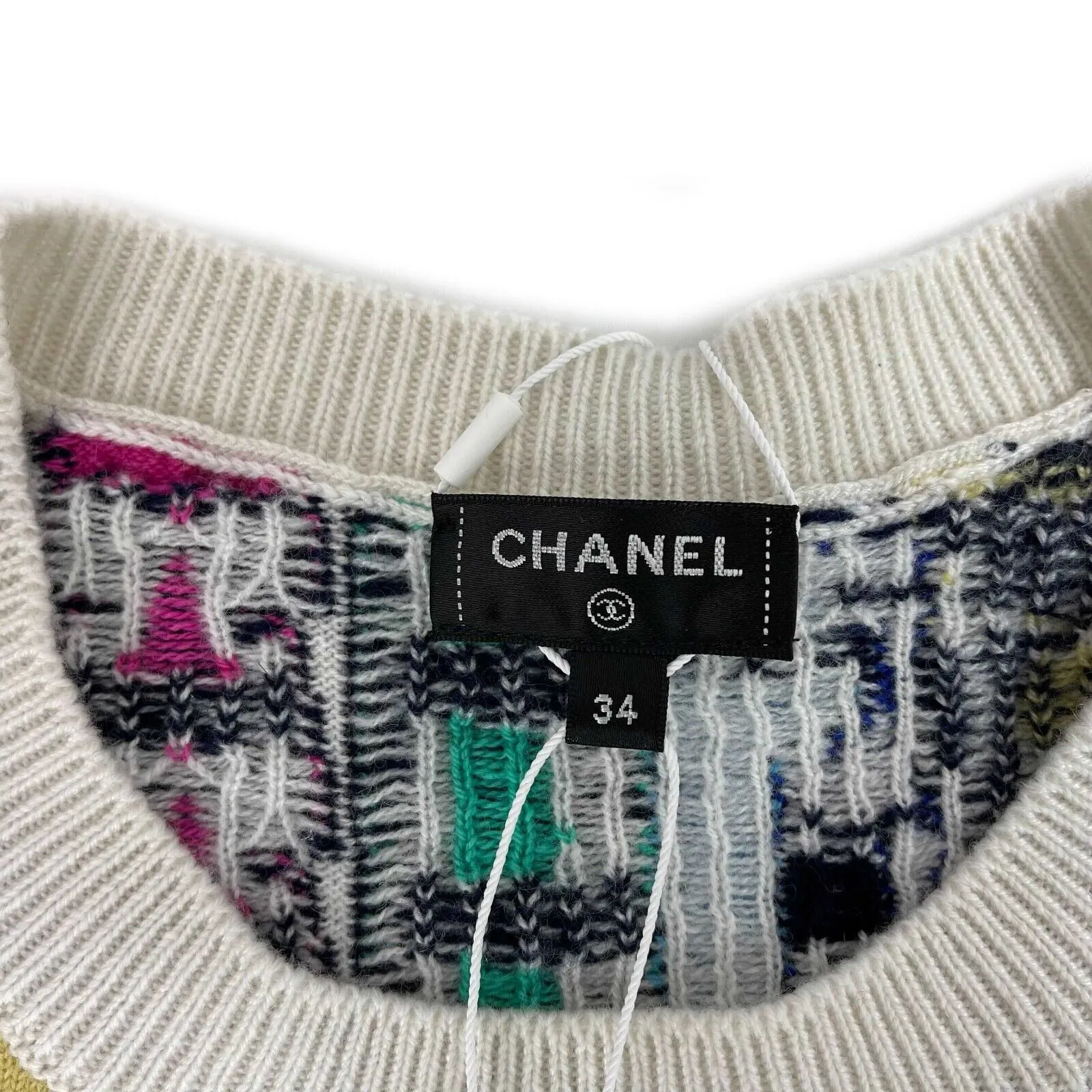 CHANEL - 21A Multicolor Cashmere Logo Print Intarsia Sweater 34 US XS - NEW