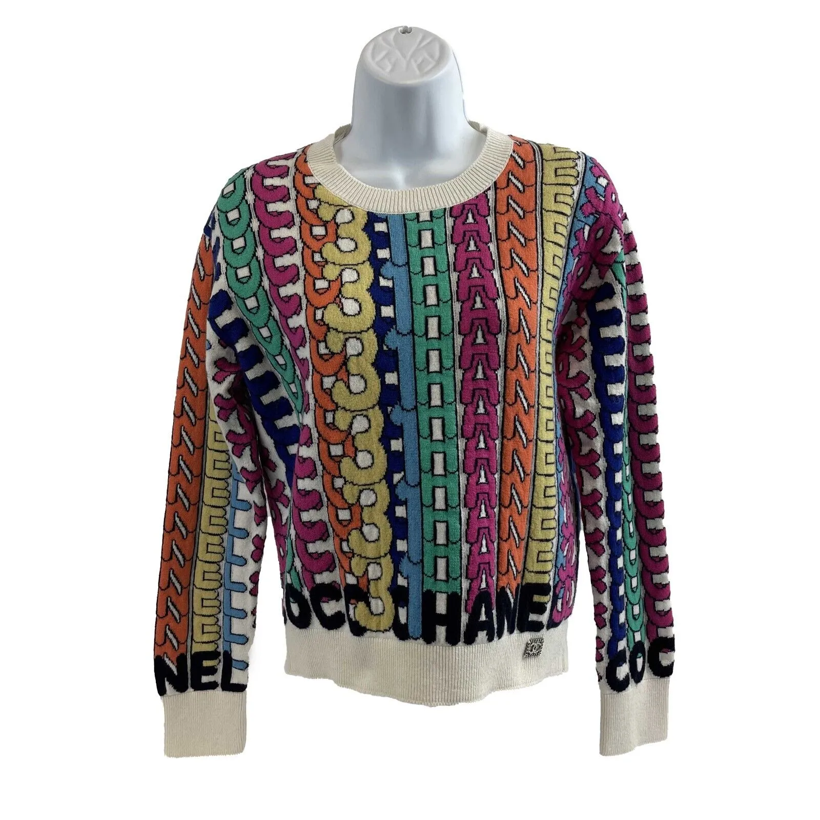 CHANEL - 21A Multicolor Cashmere Logo Print Intarsia Sweater 34 US XS - NEW