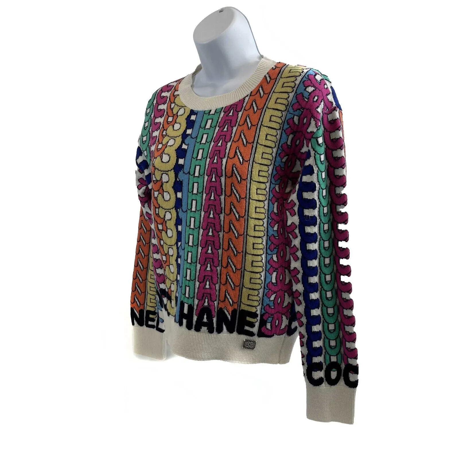 CHANEL - 21A Multicolor Cashmere Logo Print Intarsia Sweater 34 US XS - NEW