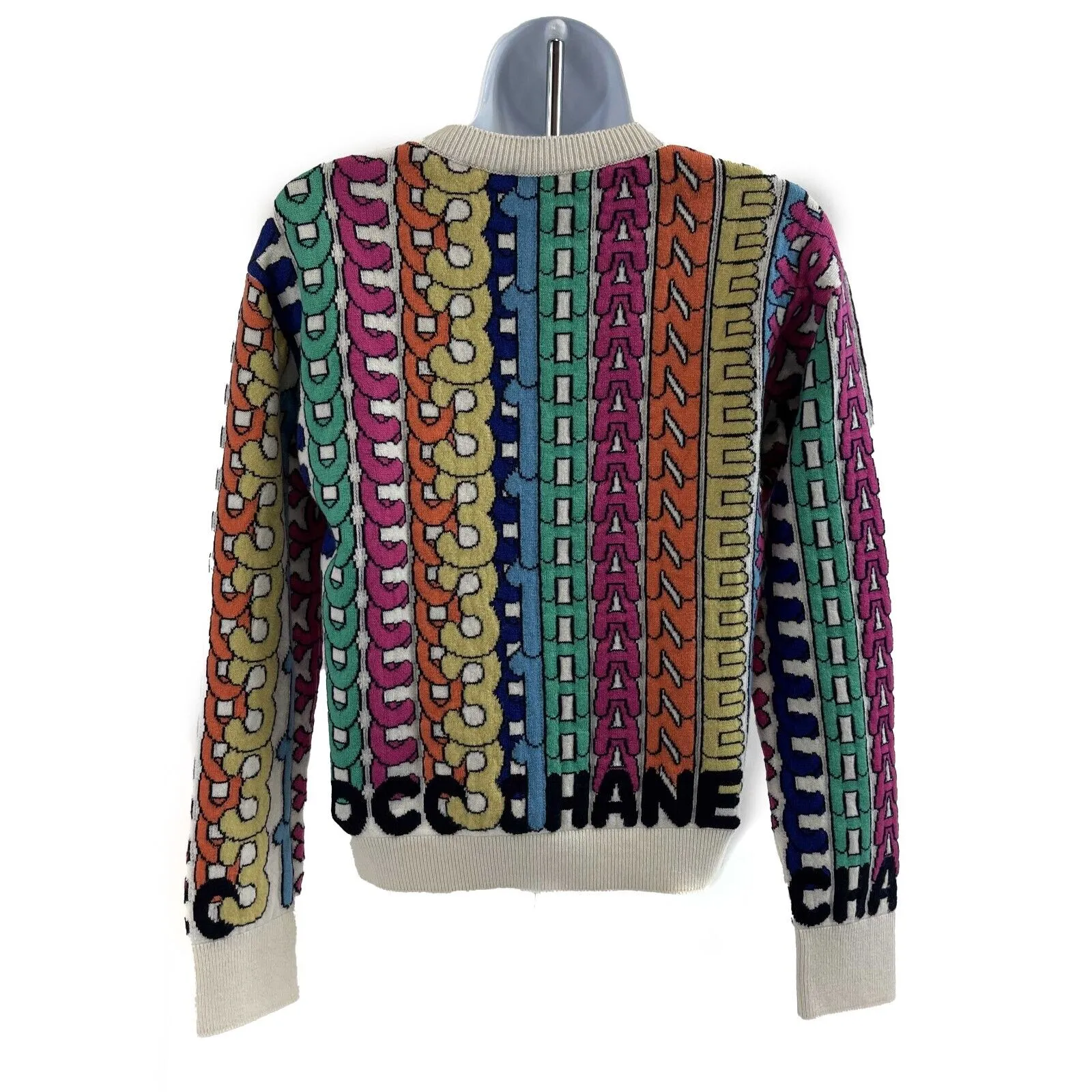 CHANEL - 21A Multicolor Cashmere Logo Print Intarsia Sweater 34 US XS - NEW