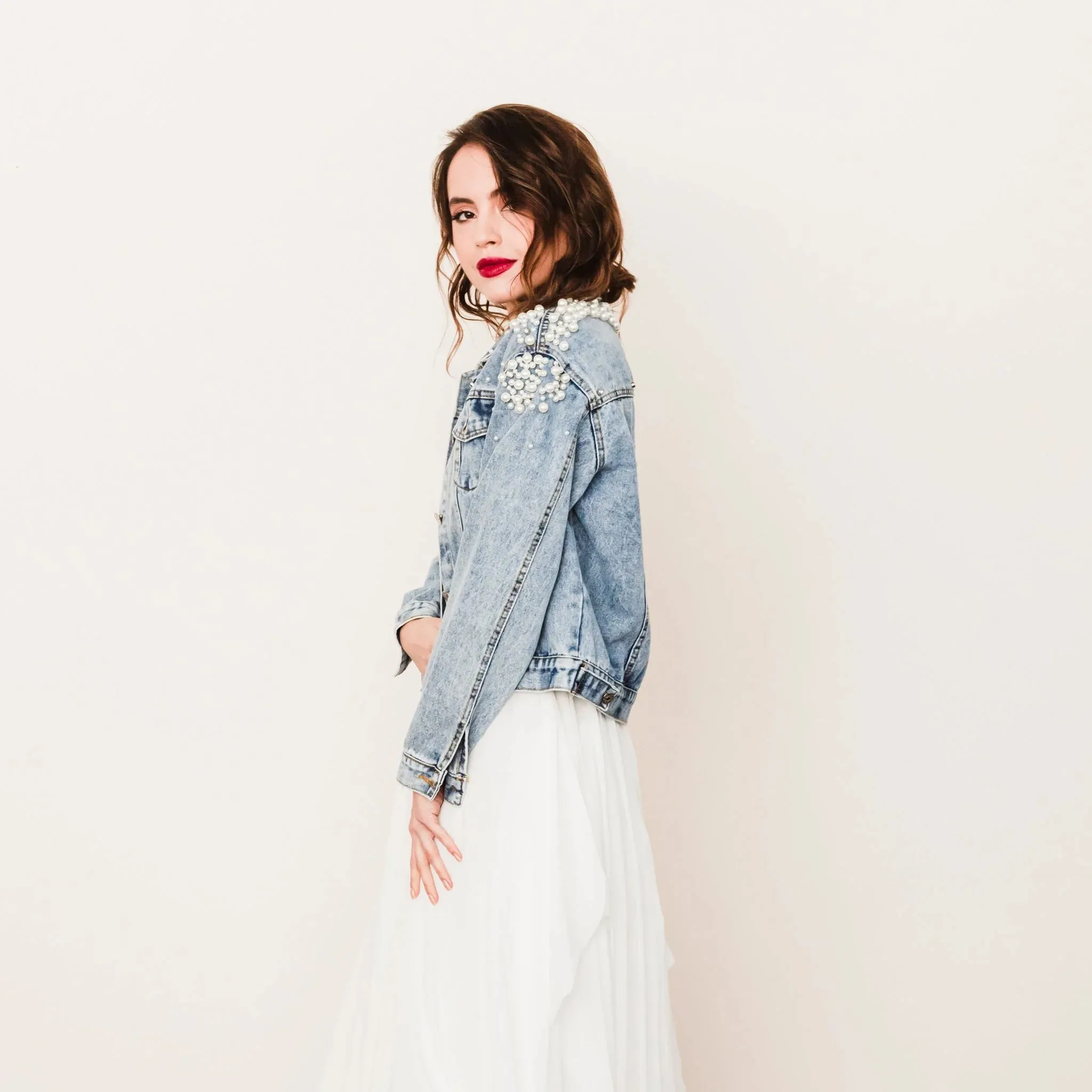 Cluster Pearl Beaded Wifey Denim Jacket