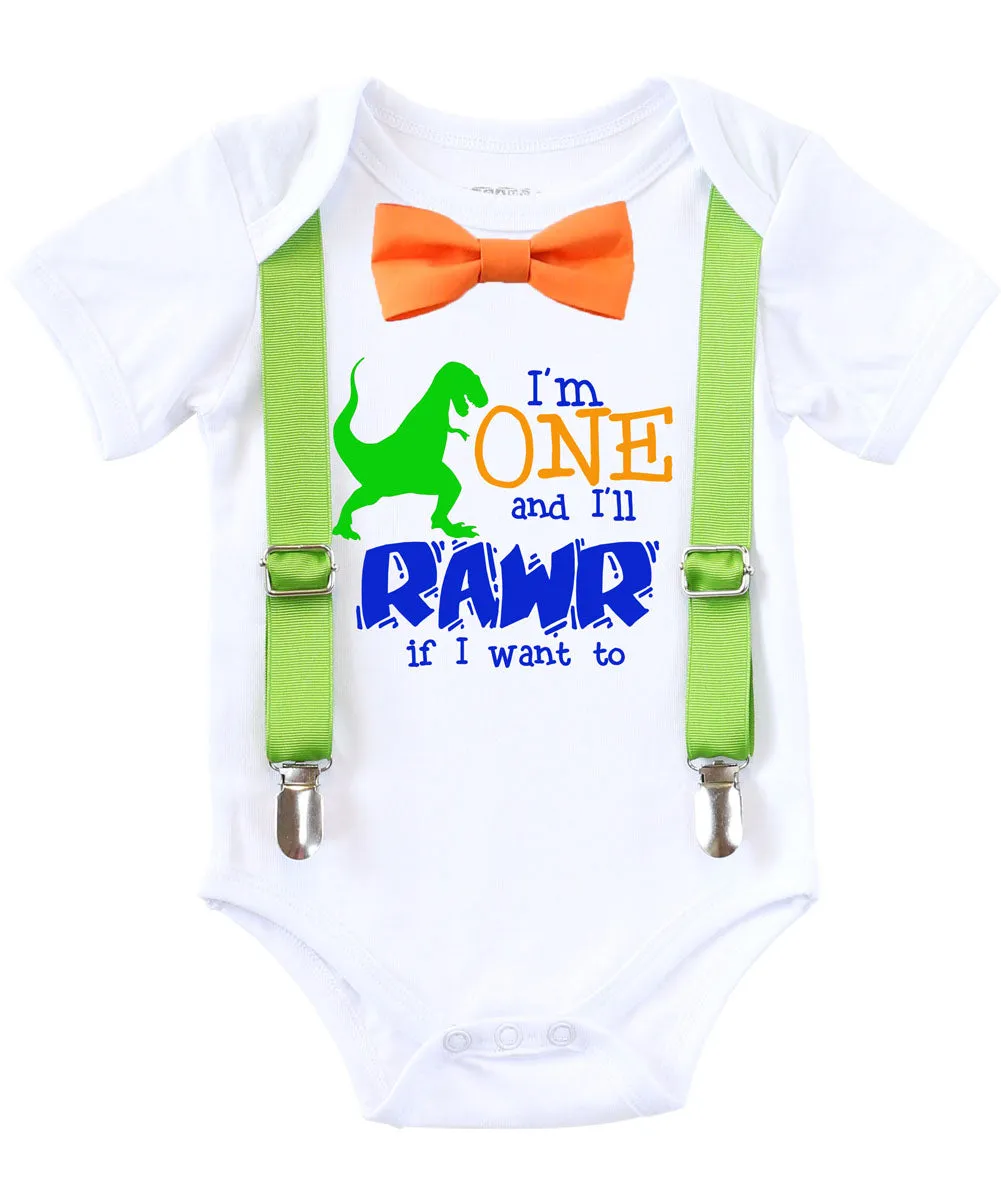 Dinosaur First Birthday Shirt Outfit Boy Rawr Suspenders Bow Tie