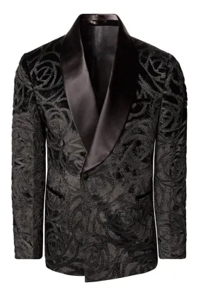 Double Breasted Italian Velvet Tuxedo Jacket - Black Spiral