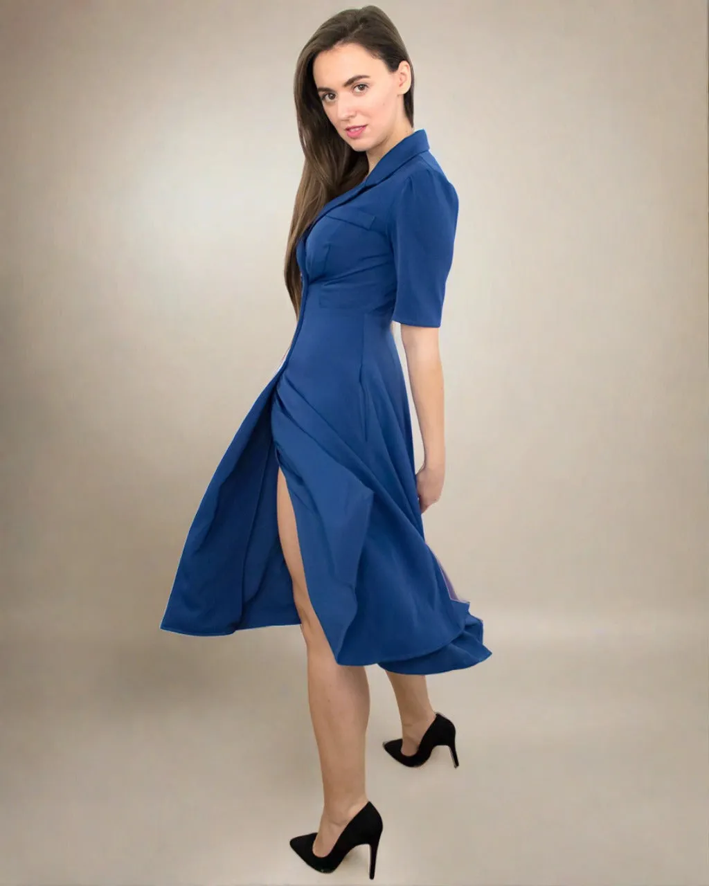 Farrah Blue Dress - Button Dress with Short Sleeves