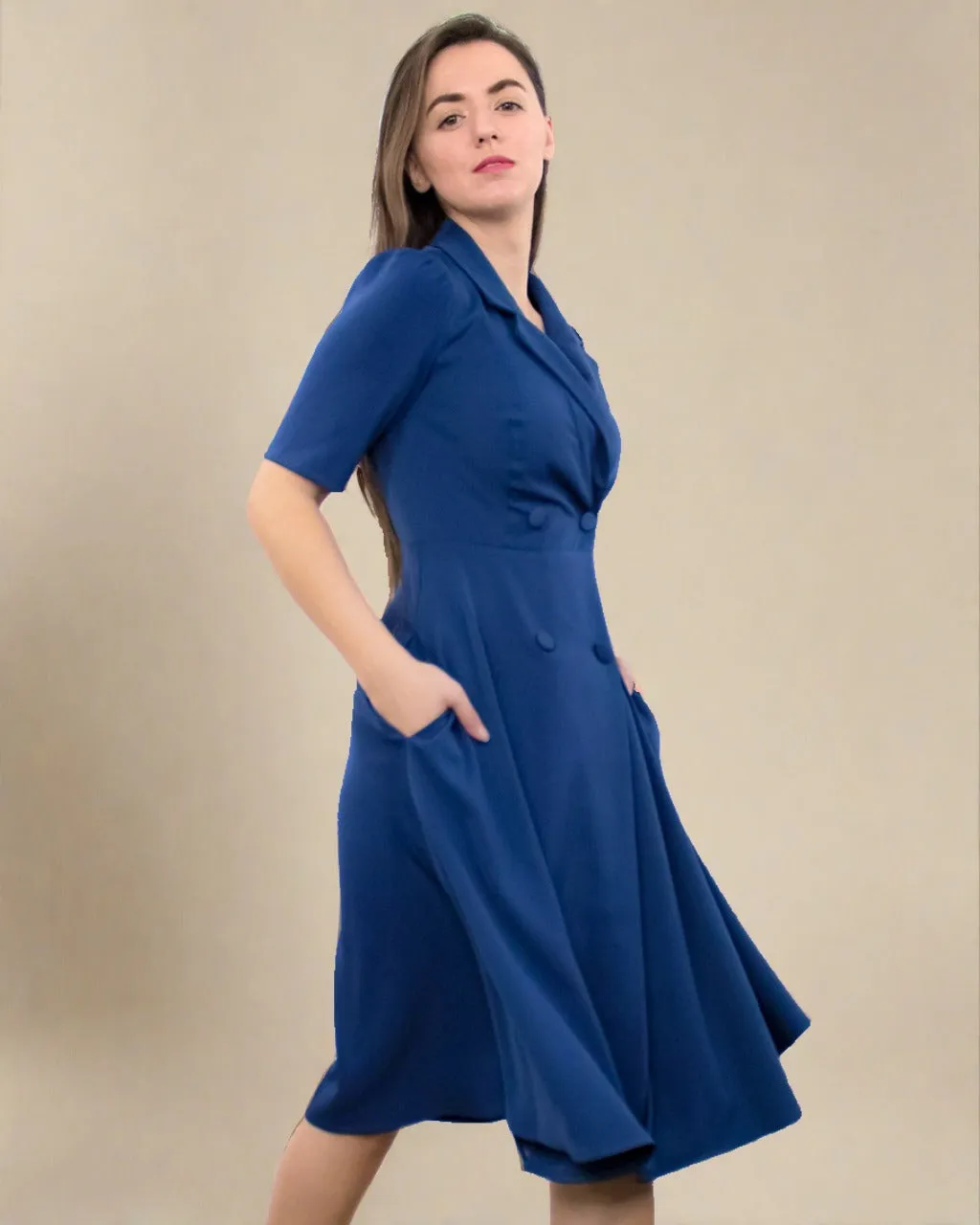 Farrah Blue Dress - Button Dress with Short Sleeves