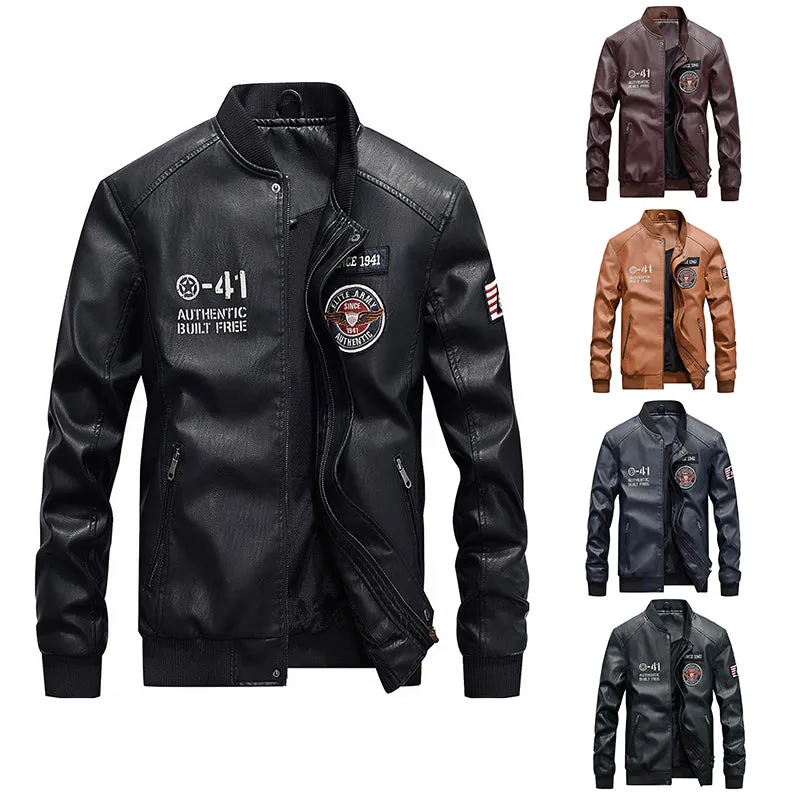 Men's Jacket Brand Embroidery PU Jackets Male Casual Warm Fleece Pilot Bomber Jacket Coat | 7702