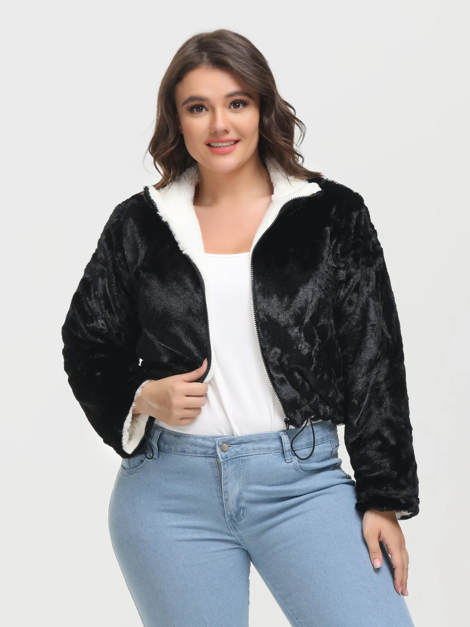 Midsize Reversible Lapel Fleece Short Jacket